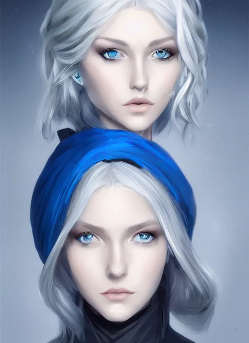 Prompt: portrait of a mysterious girl white silver hair and blue eyes wearing formal clothes, symmetrical face, perfect face details, digital painting, trending on artstation, deviantart, artgem, perfect composition, ross draws, wlop