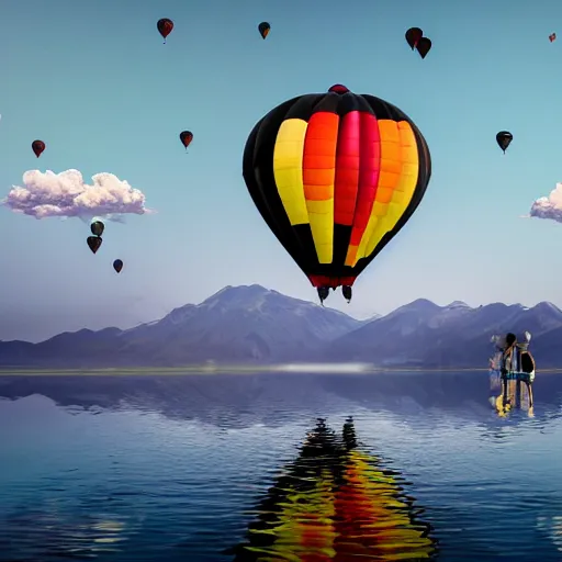 Image similar to photo of two black swans touching heads in a beautiful reflective mountain lake, a colorful hot air balloon is flying above the swans, hot air balloon, intricate, 8k highly professionally detailed, HDR, CGsociety