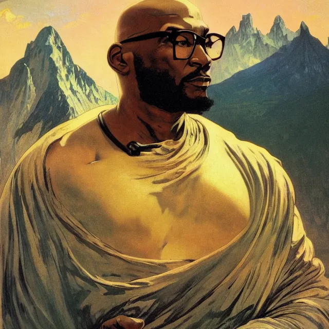 Image similar to an aesthetic! a detailed image of a black man, bald head, spectacles, with mountains of gold in the background, by frank frazetta and alphonse mucha, oil on canvas, art nouveau dungeons and dragons fantasy art, hd, god rays, ray tracing, crisp contour lines, huhd