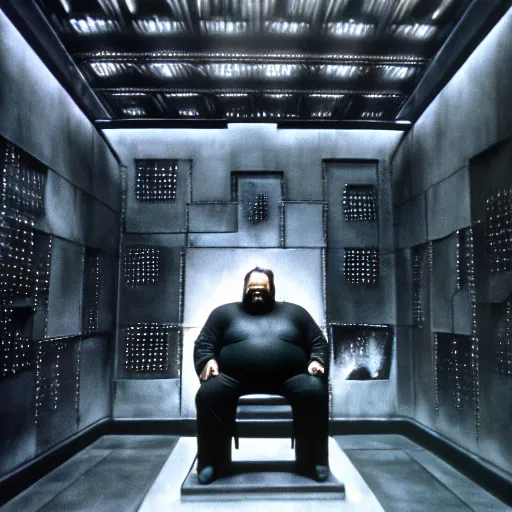 Image similar to chunky orson welles sitting on a dark throne, in an alien room by hans giger, film still from the movie by alejandro jodorowsky with cinematogrophy of christopher doyle and art direction by hans giger, anamorphic lens, kodakchrome, very detailed photo, 8 k