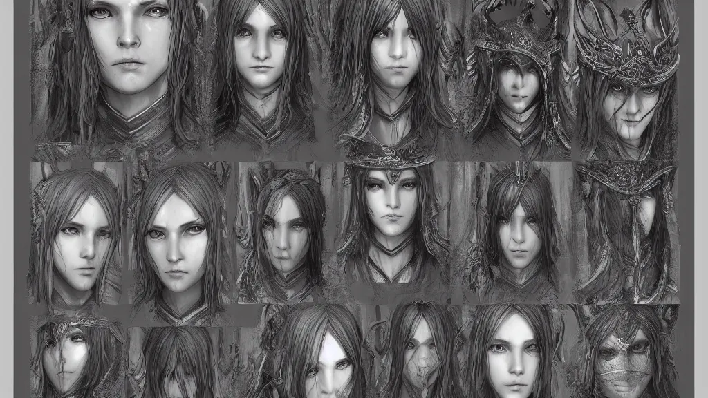 Image similar to concept art sheet, photorealistic symmetrical beautiful teenage face, symmetric eyes, female priestess with shiny hair wearing full intricate clothing, intricate, cg society, Elden Ring, darksouls, bloodborne