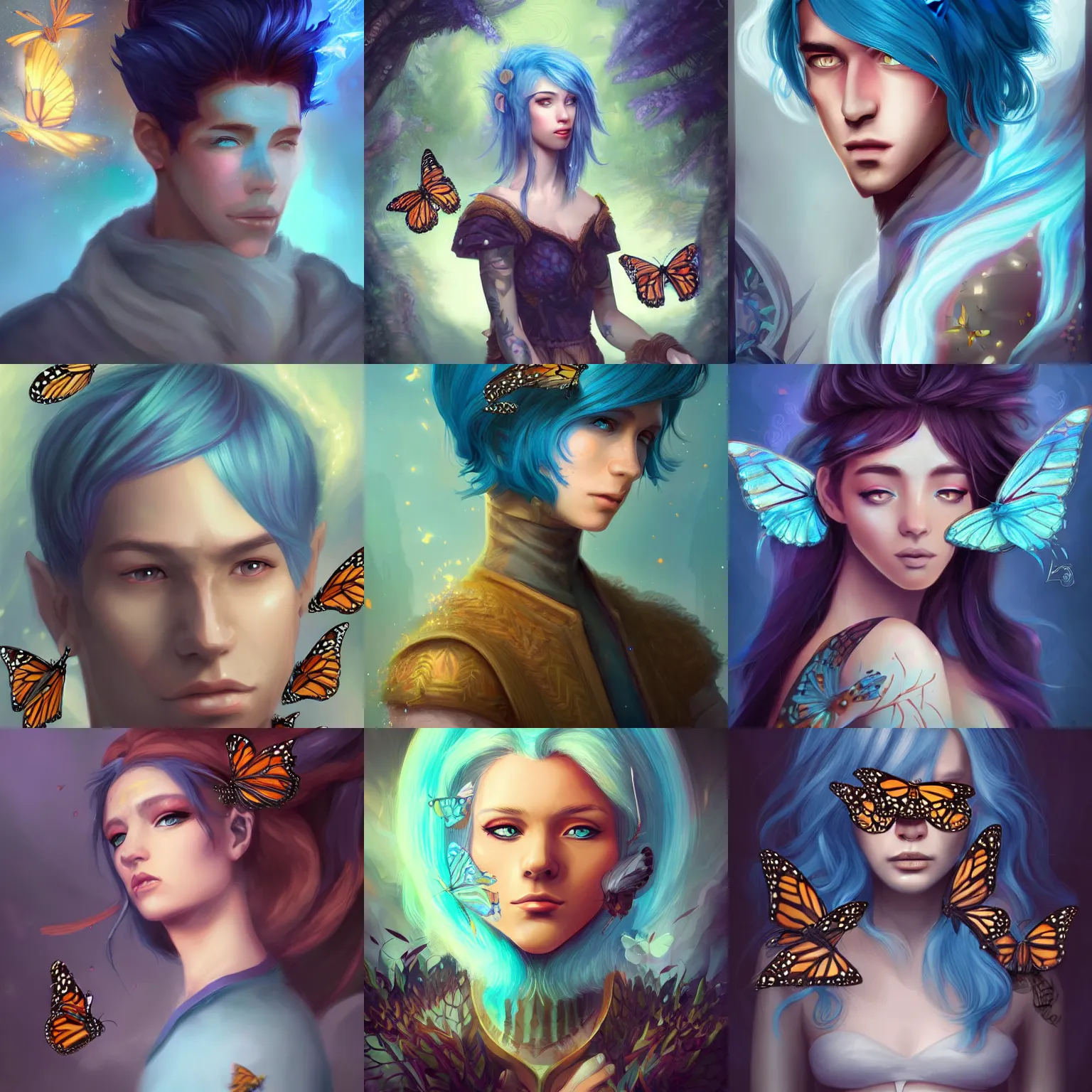Prompt: a beautiful stunning fantasy whimsical matte digital portrait illustration of a man with blue hair and brown eyes, surrounded by monarch butterflies, in the style of Ross Tran, magic the gathering, trending on artstation, contest winner
