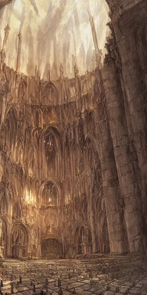 Image similar to Artwork by John Howe of the cinematic view of the Sanctuary of the Executioner.