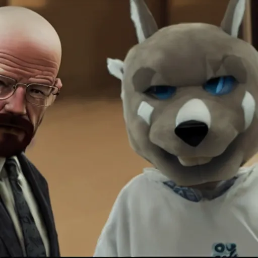 Prompt: Walter white lost at a furry convention, movie still frame, hectic, intense