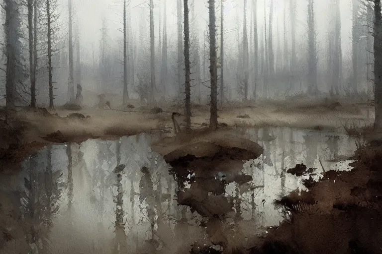Prompt: watercolor fast painting of scandinavian bog, reflective, fog, ambient lighting, art by anders zorn, wonderful masterpiece by greg rutkowski, sloppy and quick, mockup, paint smear, paintbrush strokes, bold brush