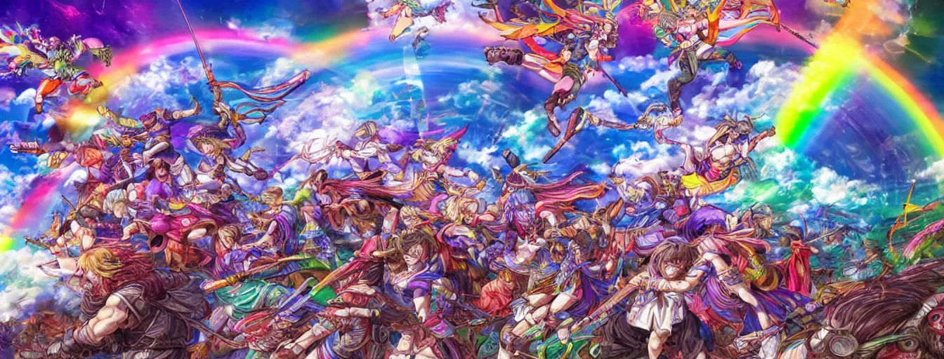 Image similar to super colorful rainbow souls fighting on a battlefield with spirit power flying around. hyperrealistic anime background illustration by kim jung gi, colorful, extremely detailed intricate linework, smooth, super sharp focus, bright colors, high contrast, matte, octopath traveler, unreal engine 5 highly rendered, global illumination, radiant light