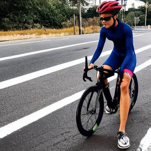 Image similar to athletic woman cyclist wearing skintight dark blue catsuit with a see - through mesh stripe all the way up the left side, from her ankles to her neck, and you can see the color of her skin through the mesh. instagram photo