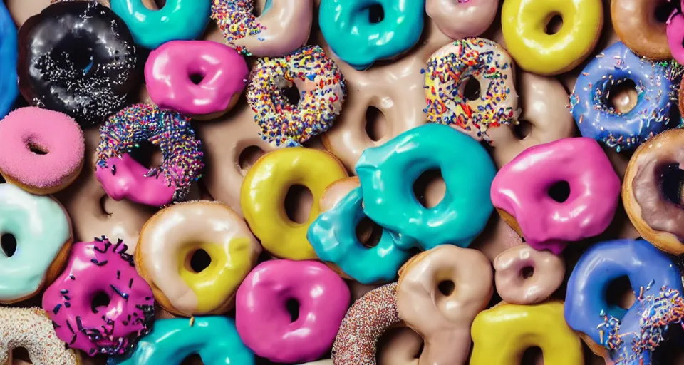 Prompt: donut shop advertisment. donuts close together. storybook imagery. landscape photography of a turbulent donut ocean that is made up of a sea of giant cream glazed sprinkle covered donuts. claymation. diorama. digital art. colorful. render. 4 k. 8 k. trending. wallpaper.