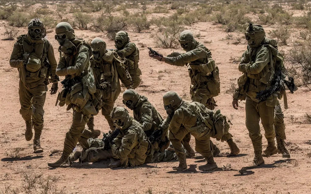 Image similar to a group of five soldiers in dark green tactical gear and gas masks on a rescue mission like the film stargate walk through a sandy desert with distant red mesas ahead of them. They've found a dead body. dusty. 200mm lens, mid day, heat shimmering.