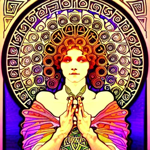 Image similar to psychedelic sacred geometry, intricate, sophisticated, ultra realistic, incredibly detailed, diagram, illustration, trending on artstation, art by alphonse mucha