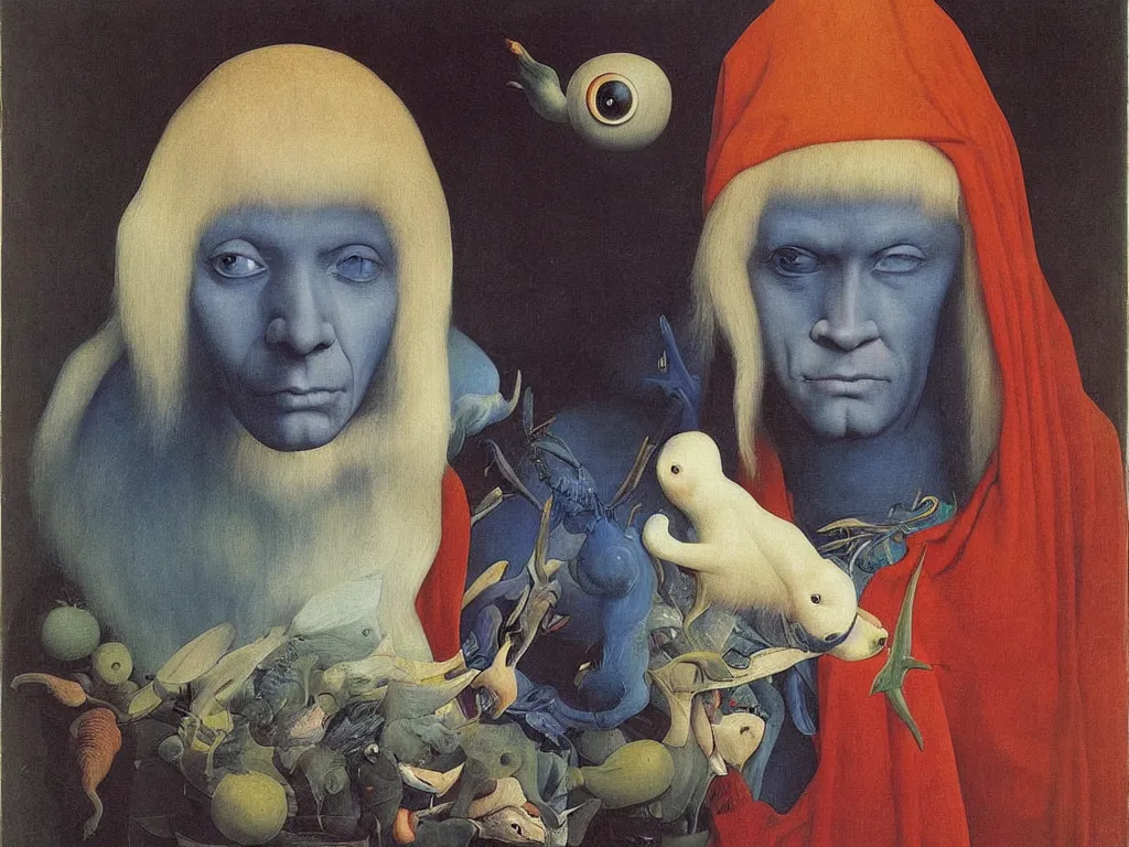 Image similar to Portrait of albino mystic with blue eyes, with exotic collection of floating animal eyes. Painting by Jan van Eyck, Audubon, Rene Magritte, Agnes Pelton, Max Ernst, Walton Ford