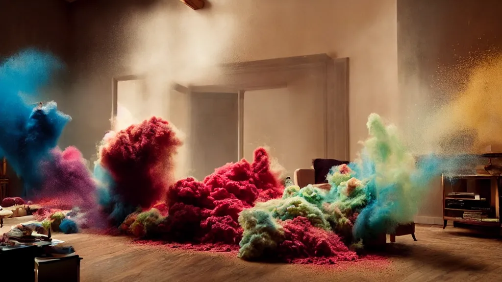 Image similar to colored powder explosion in the living room, film still from the movie directed by Denis Villeneuve with art direction by Salvador Dalí, wide lens