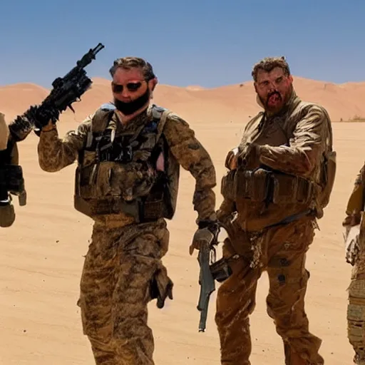 Image similar to special forces muppets fighting in a desert. photograph from action movie.