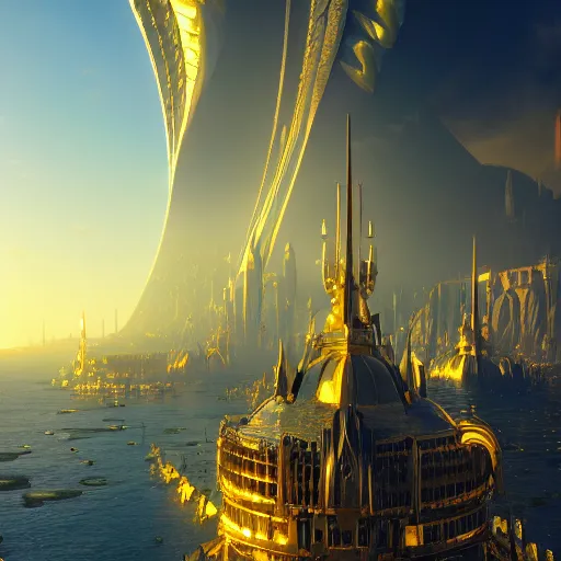 Prompt: a golden fantasy sci fi luxurious city with cerulean oceansides by albert bierstadt, scandinavian / norse influenced, cinematic, ray traced, octane render, cinematic lighting, ultrarealistic, featured on artstation, 8 k uhd artwork