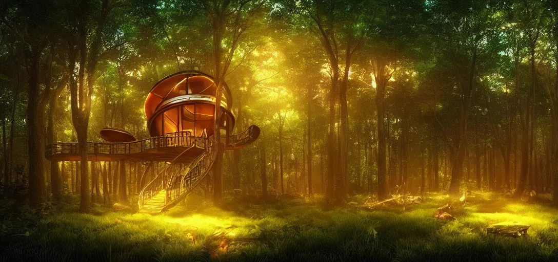 Prompt: beautiful forest, treehouse with glowing round windows, ray tracing, god rays, fireflies, mystical feeling, detailed, digital art