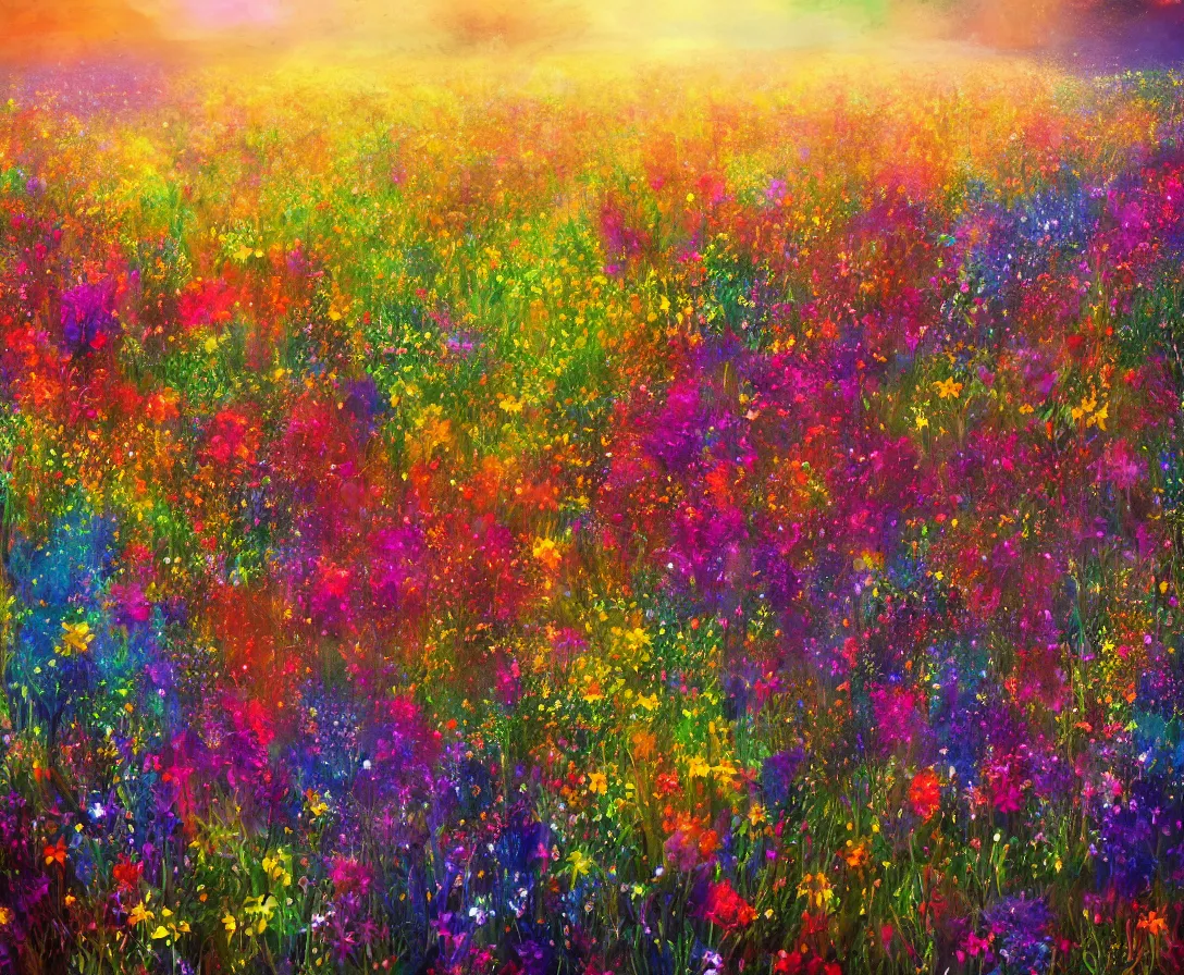 Prompt: a heavenly field of colorful flowers, highly detailed, digital painting, high fantasy, sunstreaks, high contrast, bokeh, soft tones