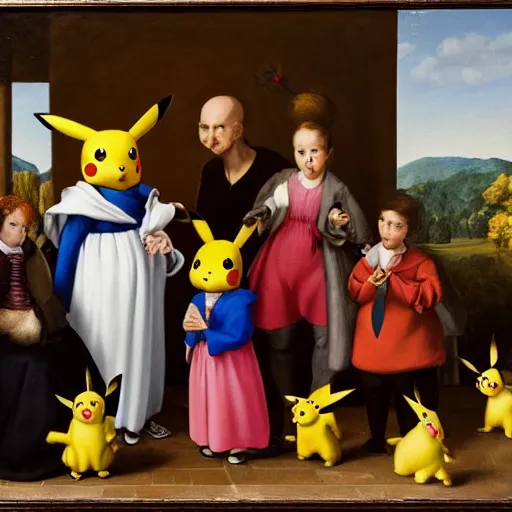 Prompt: A pikachu family portrait, Family portrait, guild commission, Florentine school, sfumato, still life, al fresco, oil on canvas, Artwork by Hubert van Eyck