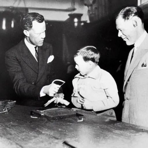 Image similar to Charles Lindbergh trying to keep anyone from finding out he actually ate the baby, 1930s photograph