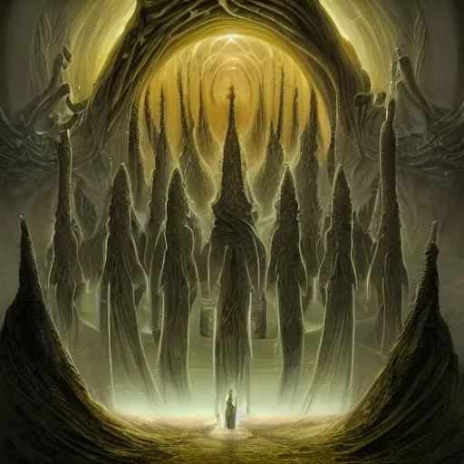 Image similar to a dark cabal of multiple hooded elven mystics in long robes gathered in a circular formation around a quantum computer, advanced technology, dan seagrave, michael whelan art, beautifully detailed epic scifi art, symmetrical, cgsociety, artstation