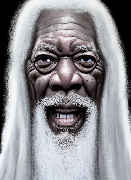 Prompt: evil morgan freeman as evil wizard saurman the white, long white hair and white beard, long white flowing robes, long black wizard staff by alan lee, lord of the rings, smooth, oil painting, matte painting, concept art, trending on artstation, promotional artwork, film still, elegant, photorealistic facial features, intricate, detailed face, cinematic lighting