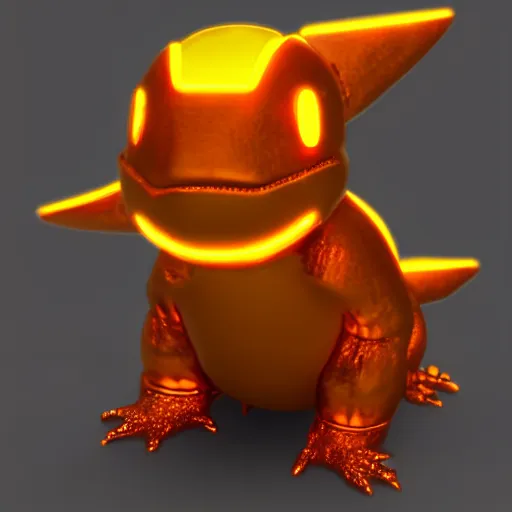 Image similar to cybertronic metallic Charmander, neon, glowing, unreal engine