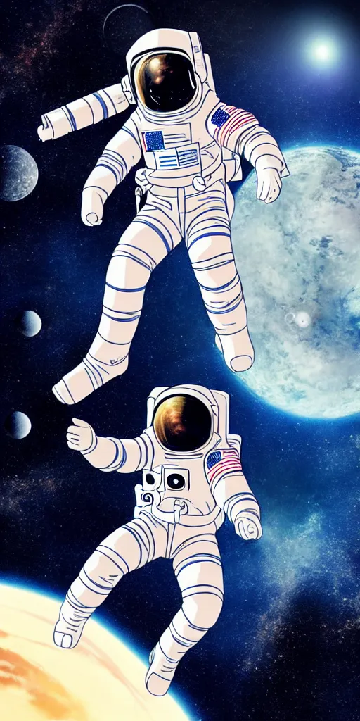 Image similar to female astronaut floating through space, liminal, lonely, anime movie, highly detailed