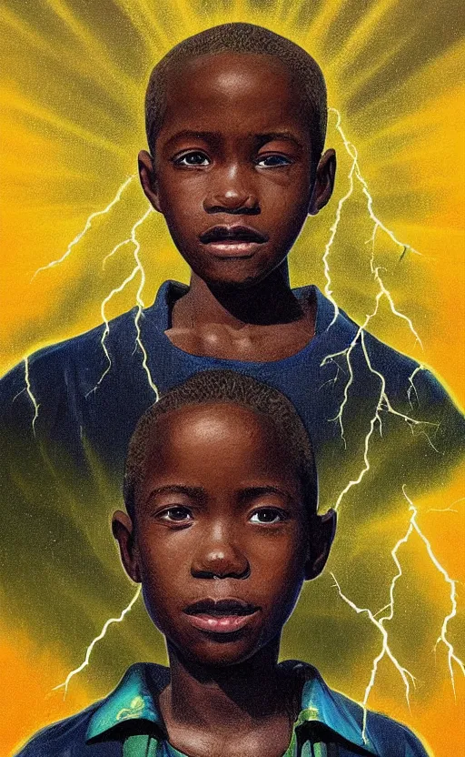 Prompt: upper half portrait of an african boy - in yellow cape - inside puffy clouds - surrounded by bolts of lightning - rays of light emanating from clouds - in drew struzan movie poster style, art by drew struzan & hsiao - ron cheng, highly detailed, digital painting, ray tracing, illustration, smooth, sharp focus, intricate, symmetry, artstation,