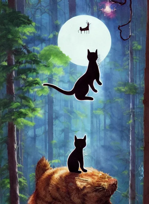 Image similar to a hyper realistic ink cat and the meaning of life and sunbeams blue sky, lush forest comic painting by chiara bautista and norman rockwell and greg rutkowski weta studio, and lucasfilm