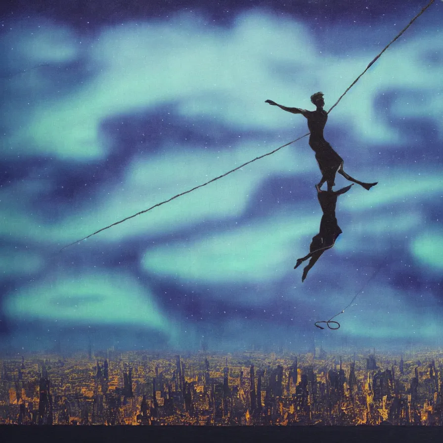 Prompt: surrealist metaphysical artwork of a tightrope walker falling down from his rope in the middle of a city of mirror, skyscrapers floating in the clouds, night lights, aurora borealis. indigo colour scheme. dark rainy evening.