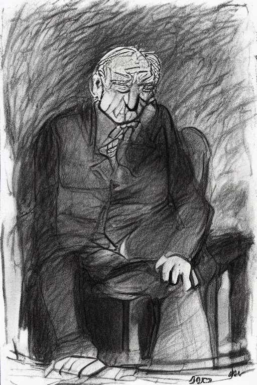 Prompt: an older man sitting alone drawn by raymond briggs, very coherent and colorful high contrast, pencil drawing, sad lighting, somber mood