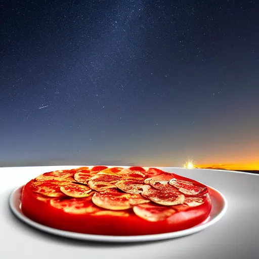 Image similar to PEPPERONI, night sky, 8k, photograph, photorealistic