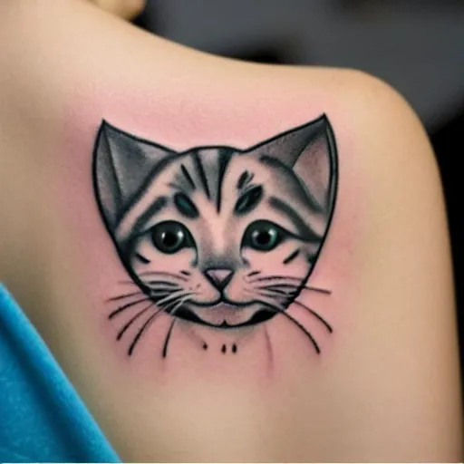 Image similar to cartoon tattoo of a cute kitten with a white border on a light gray background