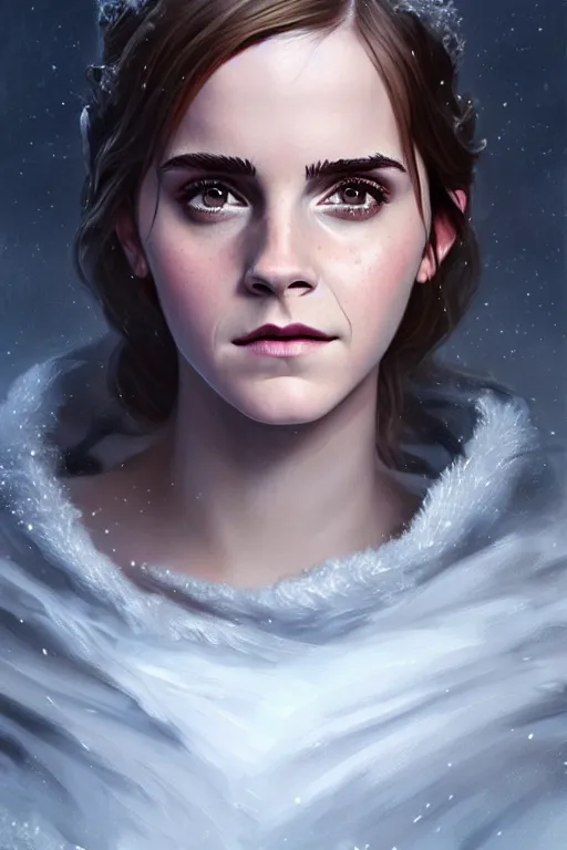 Prompt: emma watson goddess of the winter twilight, highly detailed, digital painting, artstation, concept art, smooth, sharp focus, illustration, unreal engine 5, 8 k, art by artgerm and greg rutkowski and edgar maxence