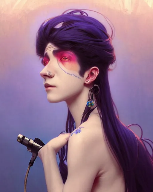 Image similar to portrait of a blue no gender djinn with a microphone, genshin impact, fantasy magic, dark light night, intricate, elegant, sharp focus, illustration, highly detailed, concept art, matte, art by wlop and artgerm and greg rutkowski and alphonse mucha and kidmo, anime, trending on artstation