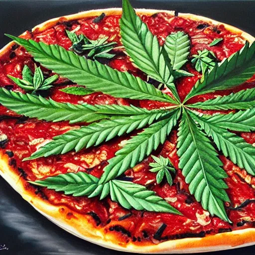 Prompt: Marijuana pizza, photorealistic painting