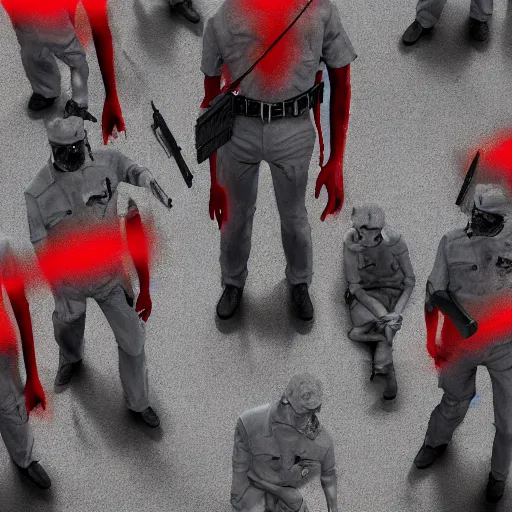 Image similar to zombie police officers ( beige uniform and caps ) wield ( uzis ) in ( brutalist concrete gray office ) ( floating in red spectral aura ) trending on artstation high detail digital painting 4 k 8 k hd