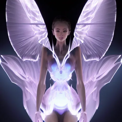 Prompt: realistic clean studio digital art of a futuristic anime white woman blade - angel with glowing mystic robotic wings, 2 0 7 7 city, sparks behind the woman. portrait shot. the wings have some sharp thin blades. the face is cleary visible. the woman is smirking.