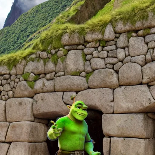 Prompt: Shrek at machu picchu