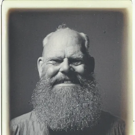 Image similar to a realistic polaroid photo of an old man with a beard after a failed experiment inside a laboratory, the head of the old man is deformed and dark, the old man looks like a evil god, cosmic horror