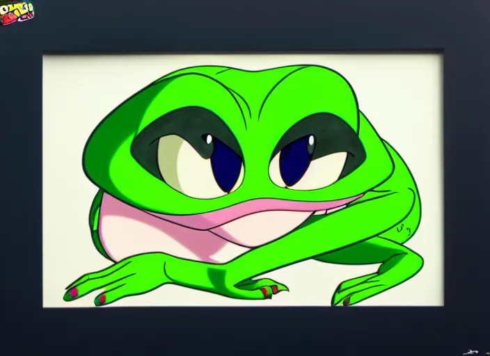 Prompt: a shaded animation cel of a sweet frog, realistic anatomy, in the style of don bluth, disney, dreamworks animation, filmation, toei animation, studio trigger, bruce timm, jack kirby, studio ghibli, 5 k, artstation trending