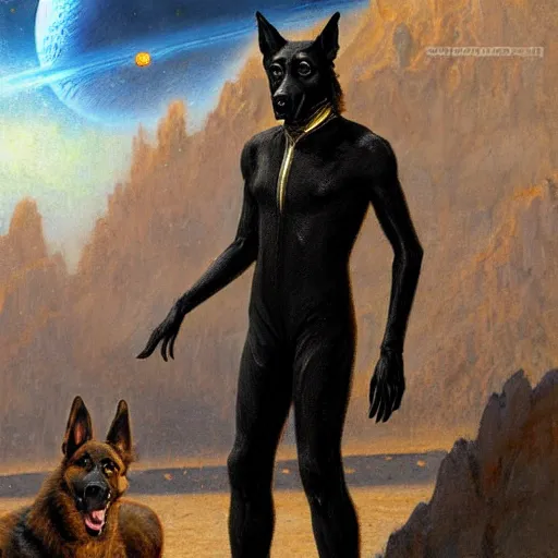 Prompt: fullbody of a black german shepard dogman man alien in jumpsuit starfleet star trek vacation at risa. highly detailed painting by gaston bussiere craig mullins jc