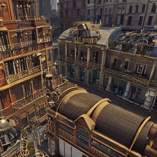 Prompt: A bird's eye view of a steampunk city, with intricate brass and copper machinery, winding steam pipes, and Victorian-esque architecture. Renderman, 3ds Max, V-Ray, by Andrew Prayzner