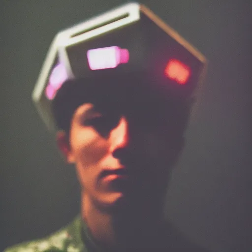 Image similar to close up kodak portra 4 0 0 photograph of a futuristic soldier after the battle standing in dark forestin in a crowd, flower crown, moody lighting, telephoto, 9 0 s vibe, blurry background, vaporwave colors, faded