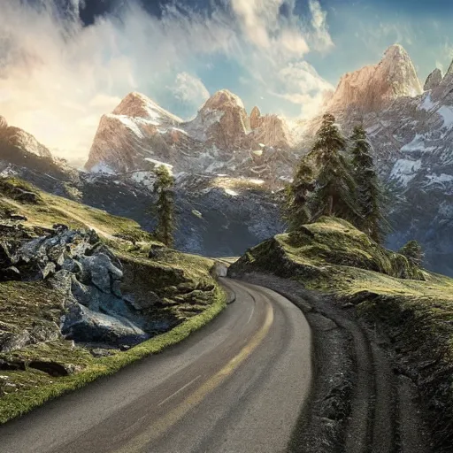 Prompt: high alpine landscape with windy road, unreal engine, high quality digital art, dramatic lighting, photo realism