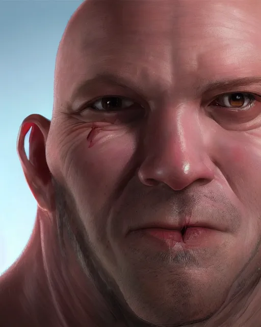 Image similar to portrait of a 4 0 - year - old bald man without nose, with a white complexion, cat - like scarlet eyes,, and a thin mouth, hyper realistic face, beautiful eyes, character art, art by mark brooks, hyperdetailed, cryengine, trending on artstation, digital art