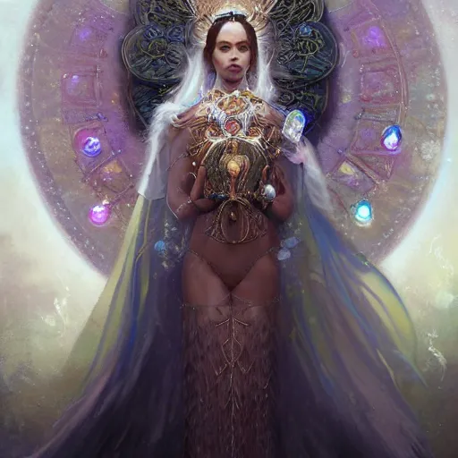 Image similar to A beautiful digital painting of a female Seraphim full of jewels, princess, the moon behind her, intricate, cinematic lighting, highly detailed, digital painting, Artstation, concept art, smooth, sharp focus, illustration, art by Tom Bagshaw, Artgerm and Greg Rutkowski