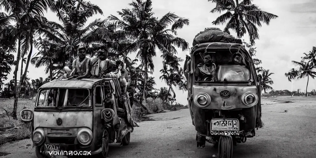 Prompt: sri lankan mad max style, driving a tuk tuk, film still, epic shot cinematography, rule of thirds