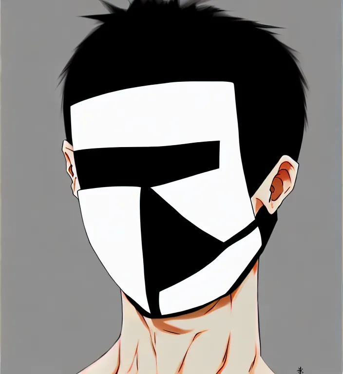 Prompt: white man with black fabric mask, short dark hair, true anatomy!, digital painting, style of akira anime