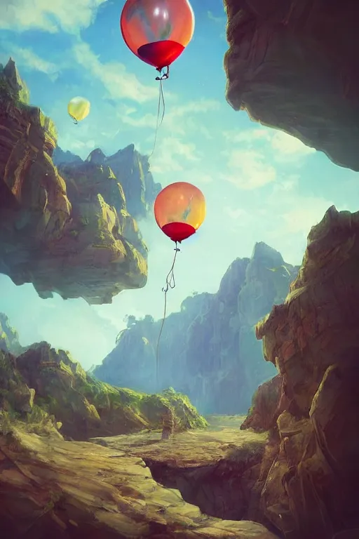 Image similar to a house floating with balloons, near the mountains and below is a deep canyon, dream core art, dynamic lighting, fantasy concept art, trending on art station, stunning visuals, creative, cinematic, ultra detailed