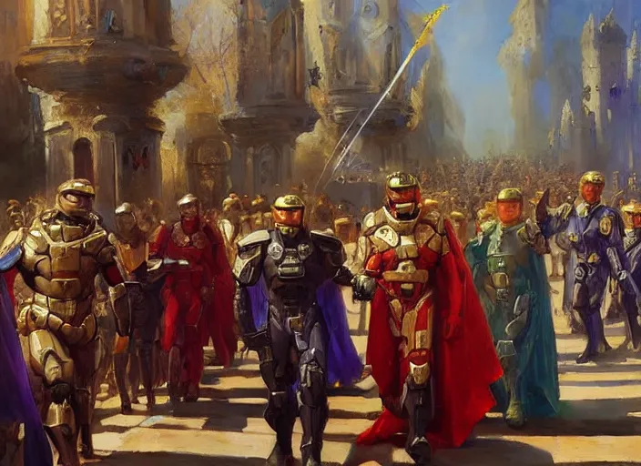 Prompt: halo master chief in a medieval royal procession by vladimir volegov and alexander averin and delphin enjolras and daniel f. gerhartz